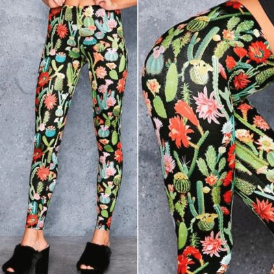 Blackmilk Desert Flower Cactus Leggings Shiny Luxe Fabric Black Milk Floral Y2K